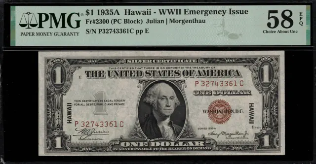 1935A $1 Hawaii WWII Emergency Issue FR-2300 - P-C Block - Graded PMG 58 EPQ