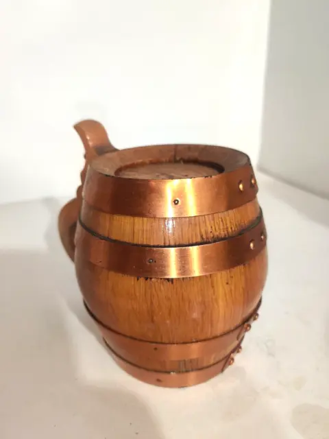 vintage handmade wood copper banded lidded beer barrel style stein mug