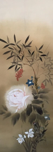 F0699 Japanese Hanging Scroll KAKEJIKU Vintage Hand Paint Silk Flower Interior