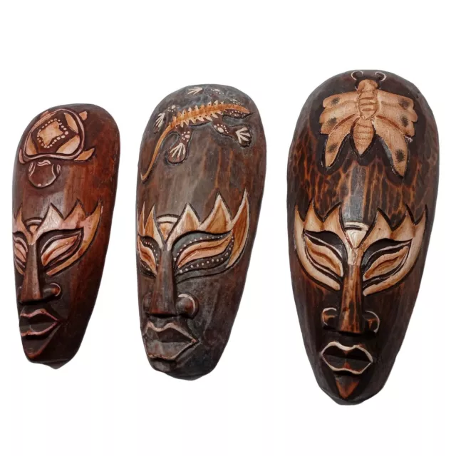 Set3 African Wood Mask Tribal Turtle Gecko Butterfly Wall Decor Hanger Folk Art