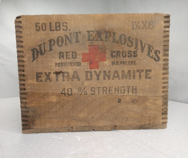 DuPont Explosives Red Cross Extra Dynamite Wooden Crate Antique Box
