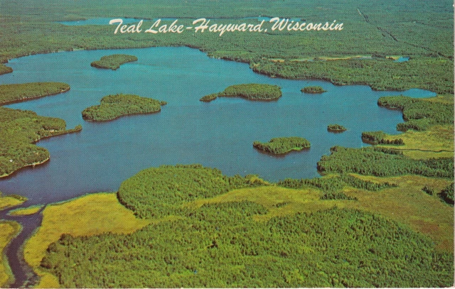 Vintage Chrome Postcard - Teal Lake in Hayward Wisconsin Aerial View