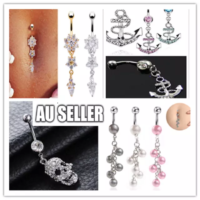 Flower Crystal Surgical Steel Dangle BellY Button Navel Bars Ring Body Piercing