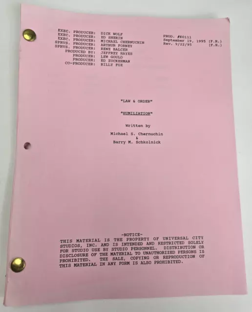 LAW & ORDER / Barry M. Schkolnick 1995 TV Script, Benjamin Bratt "Humiliation"