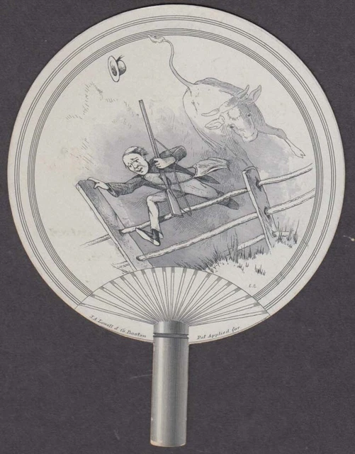 Boston Shoe Store Hartford CT fan-shape trade card 1880s bull chases hunter