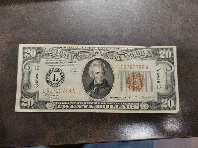 1934 A $20 Twenty Dollar WWII Hawaii Federal Reserve Note Brown Seal Overprint