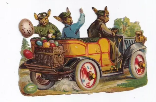 Oblaten Glanzbilder Scrap die cut Ostern Easter Rabbit Car Auto geprägt 12cm/1