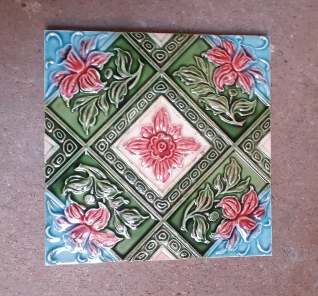 Rare Vintage  Green Flowers Ceramic Tile Porcelaine Vintage Art Made In Japan