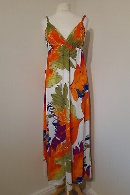 Strappy Maxi Sun Dress Off White & Tropical Floral Print Jersey Stretch Sz S/M