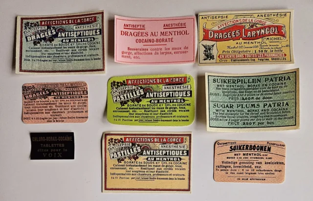 9 Diff. Vintage Old COCAINE Pharmacy Medicine Apothecary Bottle Labels, Belgium