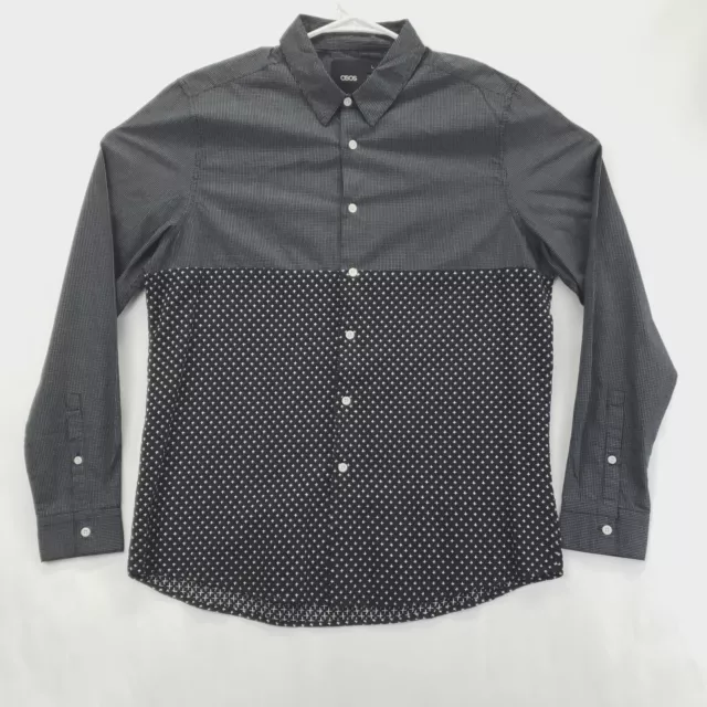 Asos Shirt Mens Large Black White Embroidered 100% Cotton Classic Button-Up