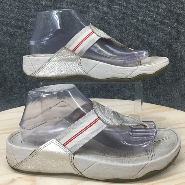 Fitflop Sandals Womens 9 Thong Slip On Wedge Grey Faux Leather Textile Open Toe 2
