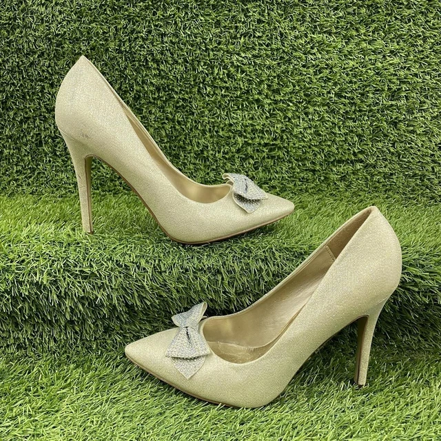 IDEAL GOLD GLITTER HIGH HEELS STILETTOS BOW POINTED TOE SEQUIN Y2K Size