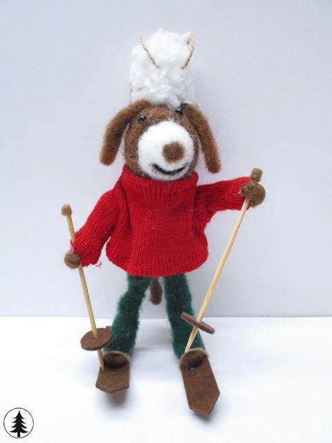 Pottery Barn 8" Felt Dog on Skis Ornament Handmade Animal Sport Winter Christmas