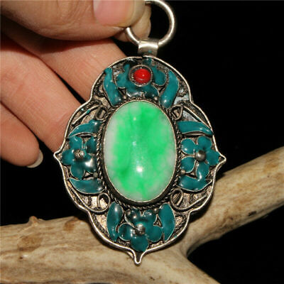 Old Craft Made Chinese Old Tibetan Silver Cloisonne Inlaid Green Jade Pendant