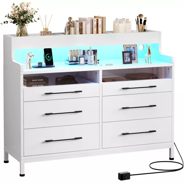 LED 6-Drawers Dresser with Open Shelf  for Bedroom Closet Chest of Drawers White