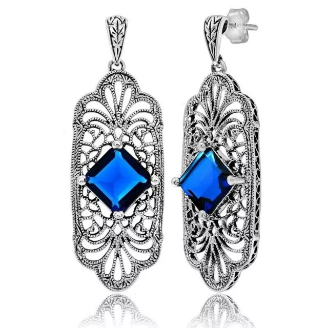 Natural 6CT Sapphire 925 Solid Sterling Silver Victorian Style Earrings FB10