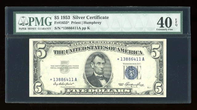 DBR $5 1953 Silver STAR Fr. 1655* PMG XF-40 EPQ Serial *13886411A