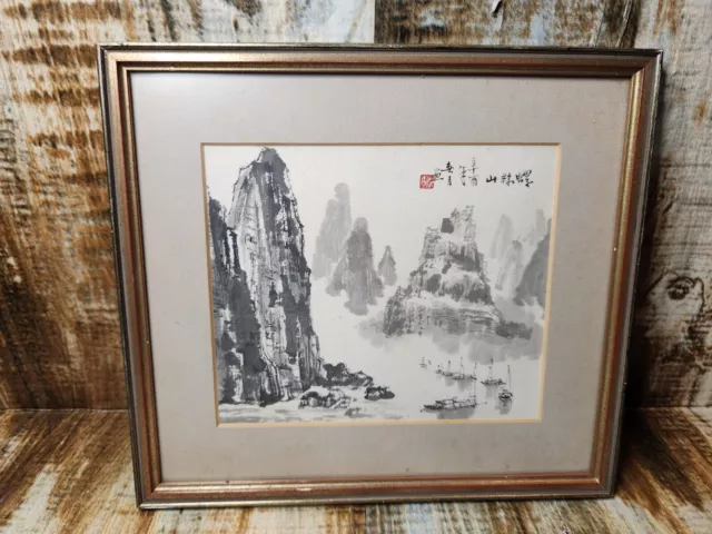 Vintage Framed Painting Japan Mountain Harbor Village Scene Water Color Signed