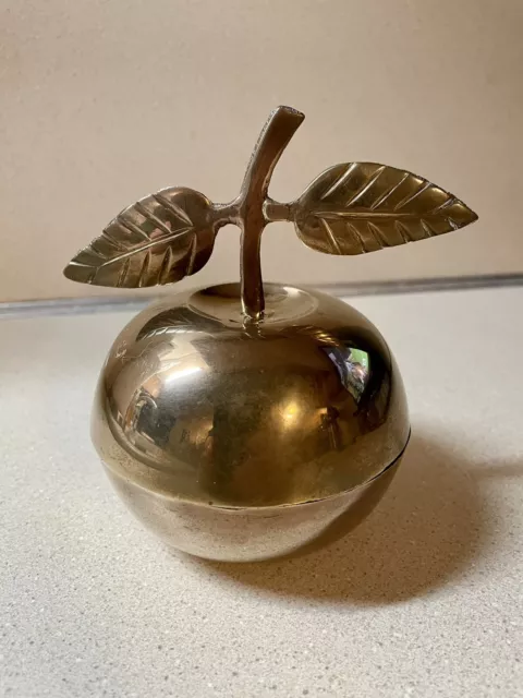 Brass Apple Candy Container Trinket Box W Stem 4-1/2” Tall Made In India