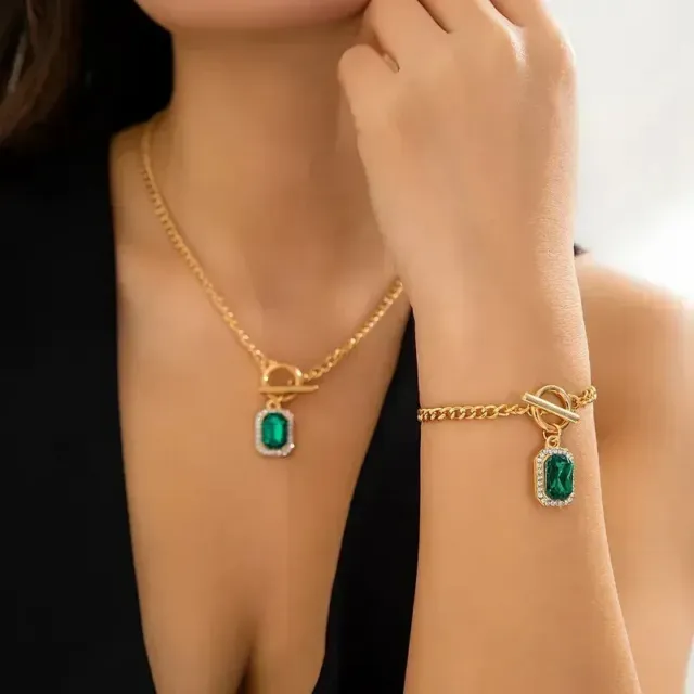 Emerald Green Zirconia Bracelet Necklace Set-18K Gold PLD Necklace Bracelet Set