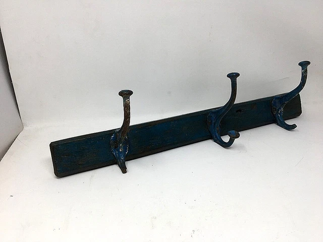 Vintage Old Wooden Brass Coat Hanger Hook Blue Painted Wall Fix Hanger Tie Hook