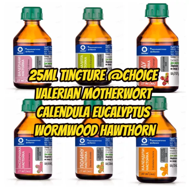 2*25=50ml tincture: Valerian Motherwort Calendula Eucalyptus Wormwood Hawthorn