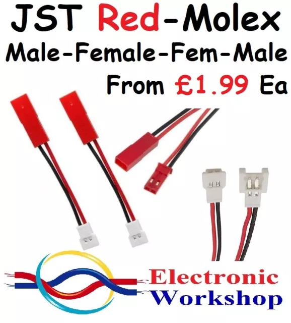 Conector Molex a JST Rojo 2 pines macho y hembra Adaptador Batería Cable de radiocontrol Vendedor del Reino Unido