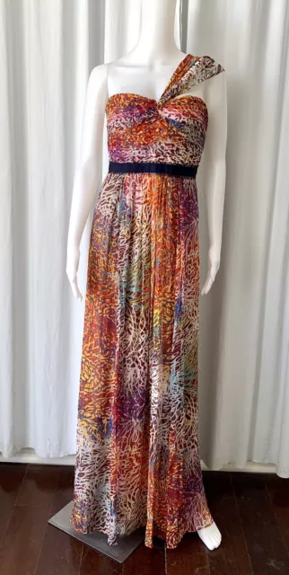 BCBG Max Azria Inga One Shoulder Silk Abstract Print Maxi Dress  Size 4