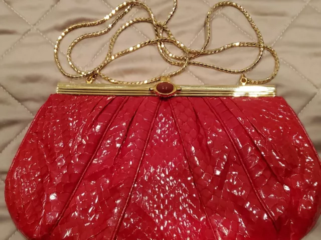 Judith Leiber Genuine Leather Snakeskin Gem Medium Clutch Crossbody Evening Bag