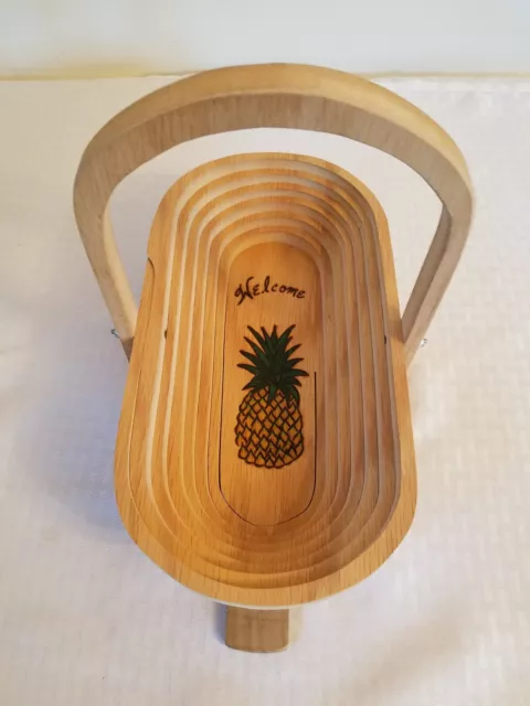 Hawaiian pineapple tiki Wood Signed Collapsible Wooden Bread fruit Basket Trivet