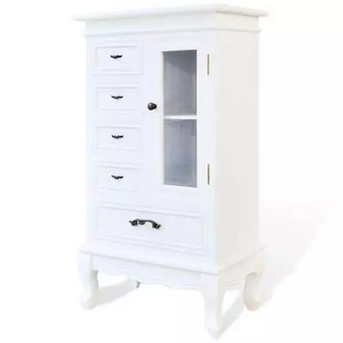 White Cabinet with 5 Drawers Bookcase Glass Wood Shelves Storage Display Shelf