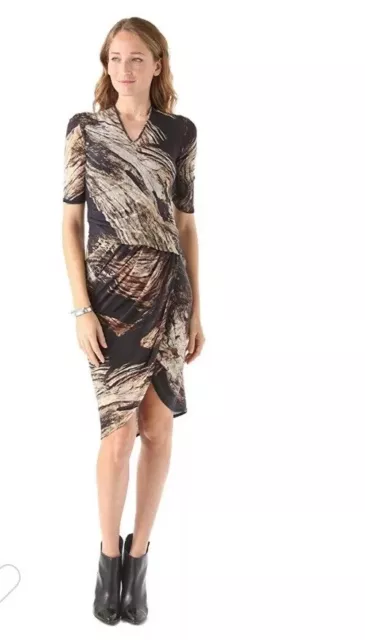 Helmut Lang Drift Print Asymmetrical Ruched Wool Dress M 80% Wool Knee Length