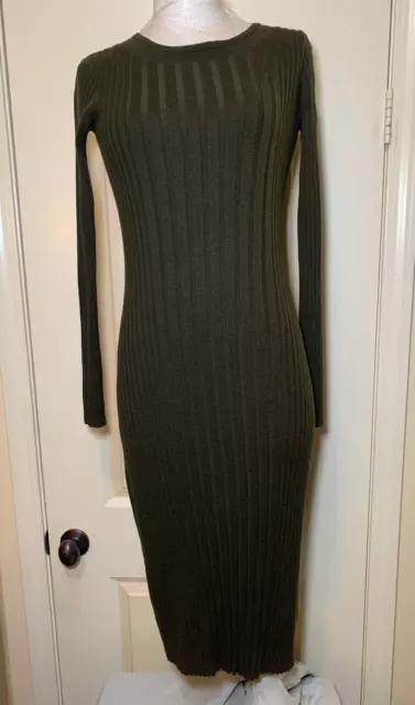 Vince Nwt Wool/Cashmere Long Sleeve Rib Knit  Sweater Dress Deep Olive Size M