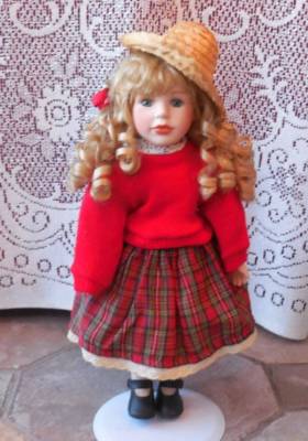 Porcelain Bisque Farm Girl Doll  16"  Blonde Curly Hair Blue Eyes