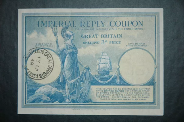 Imperial Reply Coupon  RARE-3d GREAT BRITAIN -SOUTH GREAT TARPOTS ESSEX 1948