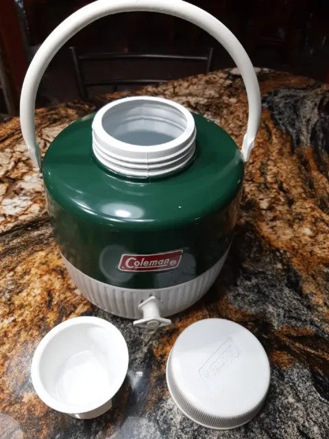 Vintage Coleman Two Tone Green Insulated Water Cooler 2 Gallon Jug W/ Drink Cup