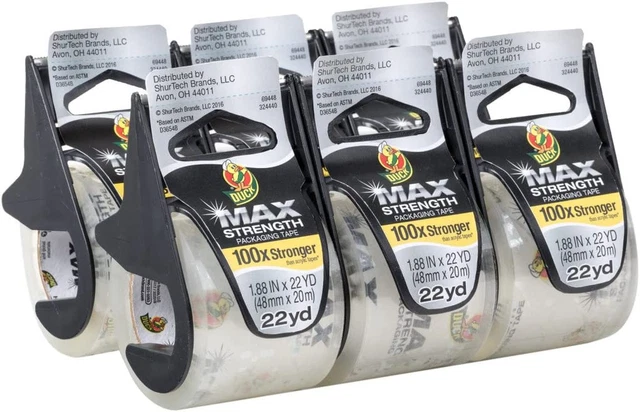 Duck MAX Strength Packing Tape with Dispenser, Clear, 6 Pk, 1.88" X 22 Yd., 2849