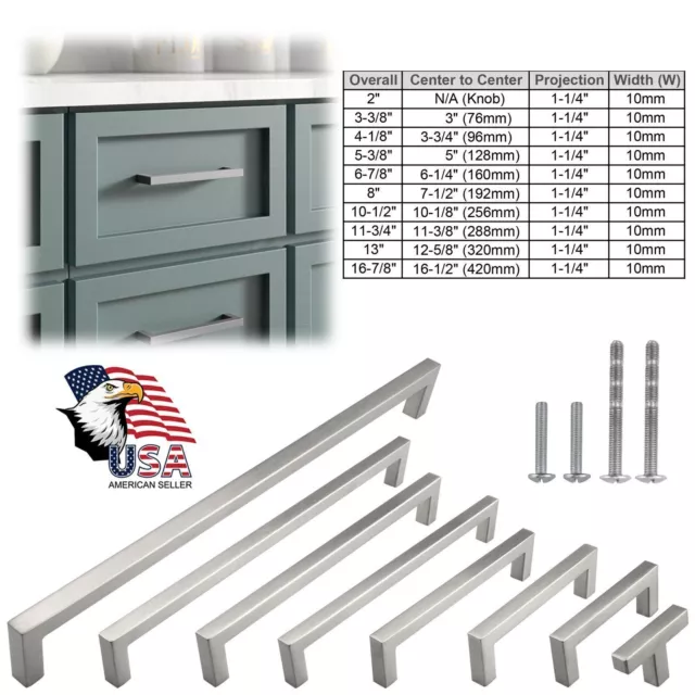 Brushed Nickel Square Kitchen Cabinet Drawer Handles Bar Pulls Stainless Steel