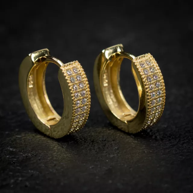 Small Iced 14k Gold Sterling Silver 2 Row Iced CZ Men's Huggie Hoop Earrings