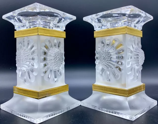 Lalique Parquette Frosted Glass French Candlestick Gold Metal Rim Sunflower Pair