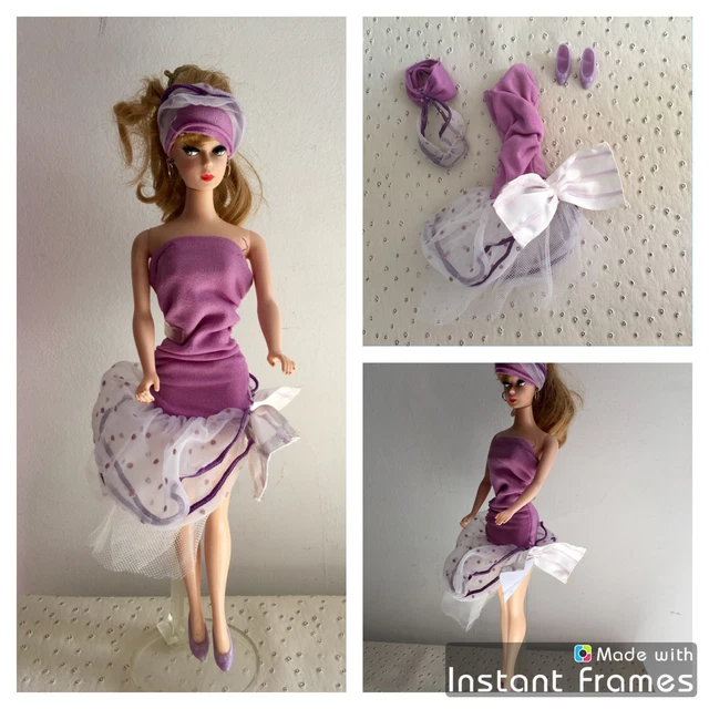 Tenue Vintage Complète Pour Poupée Barbie - Robe, Bandeau Et Chaussures - Occasion (poupée Non Incluse)