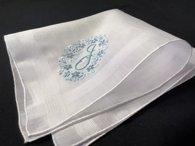 11080🌟Vintage Bridal BLUE Madeira Monogram “J” Wedding Handkerchief Heirloom