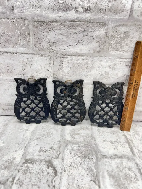 Set of 3 Vintage Small Black 4 Legs Cast Iron OWL Trivets Marked TAIWAN 3