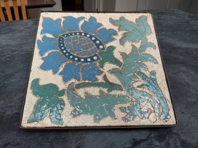 antique Victorian Doulton & co Lambeth London Tile in guilded brass frame. 16cm