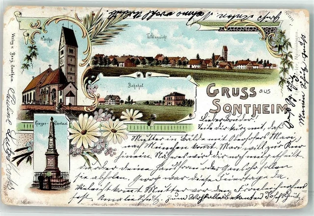 13489758 - 8941 Sontheim Bahnhof Kriegerdenkmal Kirche Litho Unterallgaeu LKR