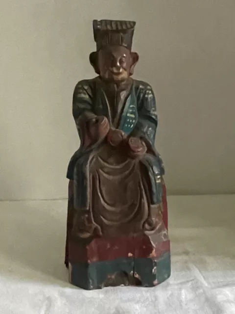 Chinese 19th Century Qing Dynasty Hand Carved & Painted Seated Temple Figure God