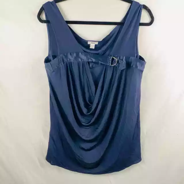 Foley Dark Blue Silk Drapey Sleeveless Blouse Large Dressy Date Night Top