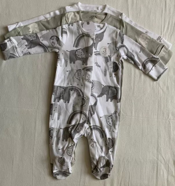 BNWT Baby Boys Grey Elephants 3pk Sleepsuits 3-6 months NEXT