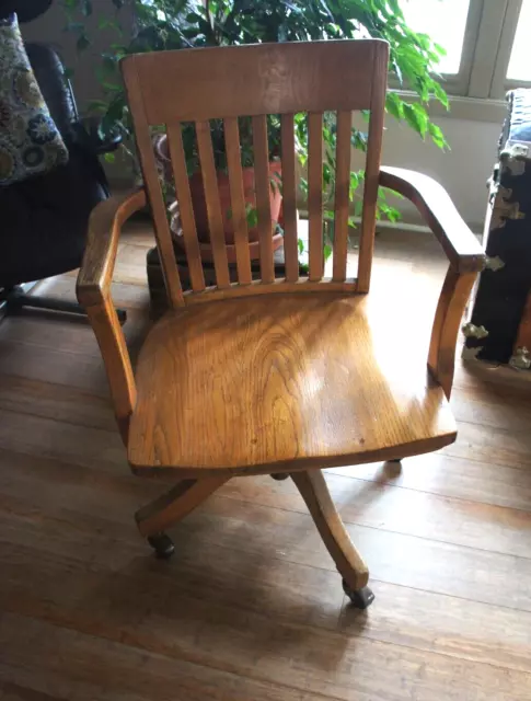 Antique DEFENSE PLANT CORP Oak Wood Bankers Office Desk Swivel Rolling Armchair